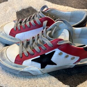 Golden Goose Red and White Sneakers with Black Star